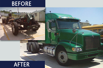 A before and after photo of a green semi truck that initially was missing the cab but now is fully restored